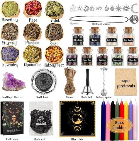 Amazon.com: Witchcraft Supplies Kit for Spells, 56 PCS Witch Box Include Dried Herb Crystal Candles Amethyst Cluster Parchment, Wiccan Supplies and Tools, Beginner Witchcraft Kit Witch Stuff for Pagan Rituals : Health & Household Witch Starter Kit Diy, Cheap Witchcraft Supplies, Wiccan Knowledge, Witchcraft Items, Witchcraft Kit, Wiccan Supplies, Witchcraft Rituals, Beginner Witchcraft, Witch Craft Supplies