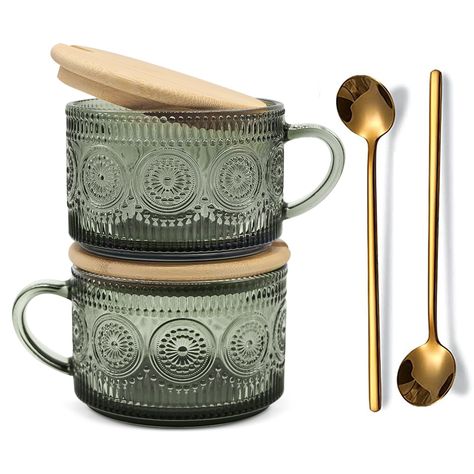 PRICES MAY VARY. 【Beautiful and Practical Coffee Mug Set】What you will get: two gray-green glass cups with sunflower patterns, two gold coffee spoons, and two natural bamboo lids. The unique color enhances the retro atmosphere, bringing an artistic touch to your coffee moments. 【Vintage & Unique Design】The green embossed mug is made of selected high-quality lead-free glass, a sturdy and durable material that makes it the perfect companion for your daily coffee rituals that is a cute coffee bar a Cute Coffee Bar, Coffee Bar Accessories, Coffee Mugs Set, Green Cups, Glass Tea Cups, Glass Coffee Cups, Breakfast Cups, Glass Coffee Mugs, Breakfast Tea