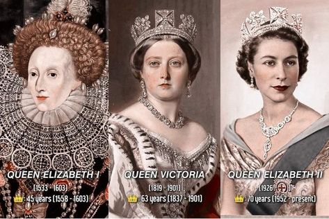 Elizabeth I, Victoria, and Elizabeth II British Royal Aesthetic, Queen Elizabeth Photos, Elizabeth Queen, Queen Victoria Prince Albert, Royal Family Trees, Royal Crown Jewels, Royal Family Pictures, God Save The Queen, English Royal Family