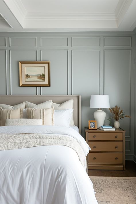 Benjamin Moore Boothbay Gray Gray Lake Benjamin Moore, Intrigue Benjamin Moore Bedroom, Master Bedrooms Craftsman, Picture Molding In Bedroom, Portland Gray Benjamin Moore, Edgewood Gray Benjamin Moore, Booth Bay Grey Benjamin Moore, Benjamin Moore Boothbay Gray Bedroom, Piedmont Gray Benjamin Moore