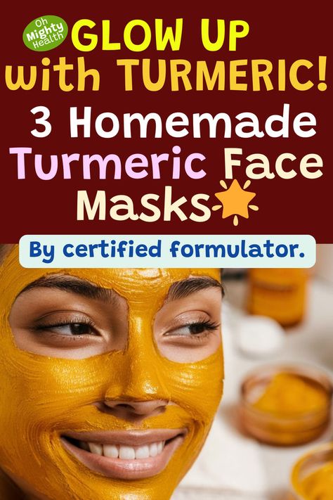 Lady with turmeric face mask. Text reads: Glow up with turmeric! 3 homemade turmeric face masks. Face Masks For Glowing Skin, Masks For Glowing Skin, Diy Turmeric Face Mask, Brightening Face Mask, Turmeric Face Mask, Tumeric Face Mask, Glowing Skin Mask, Acne Dark Spots, Face Brightening