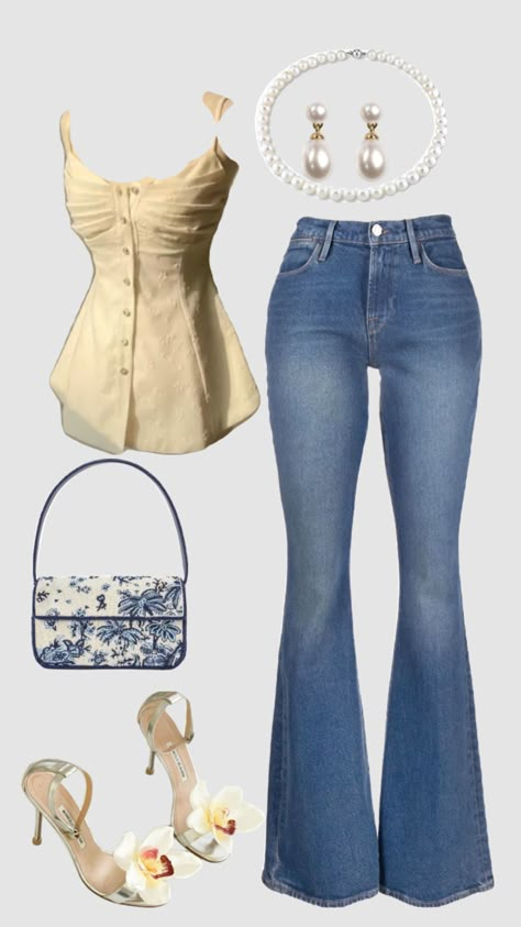 Cute summer outfits #summeraesthetic #jeans #blackpink One Jeans Many Outfits, Jean And White Outfit, Summer Fits With Jeans, Jeans Over Dress, How To Style A Jean Dress, Outfits With Jeans And Heels, Short Waisted Outfits, Summer Outfit 2025, Dressy Tops With Jeans