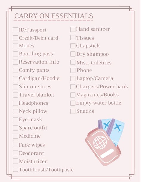 Not sure if your forgetting something? Here’s a printable list of everything you might need to put in your carry on. #essentials #vacation #minimalist #packinghacks #airplane #luggage Essential For Travel Packing Lists, Things To Pack For Vacation Carry On, Flight Trip Essentials, Backpack List For Travel, Airplane Luggage Packing, Airplane Needs Tips, Things To Pack In Your Carry On Bag, Traveling Carry On Essentials, Travel Essentials Carry On Only