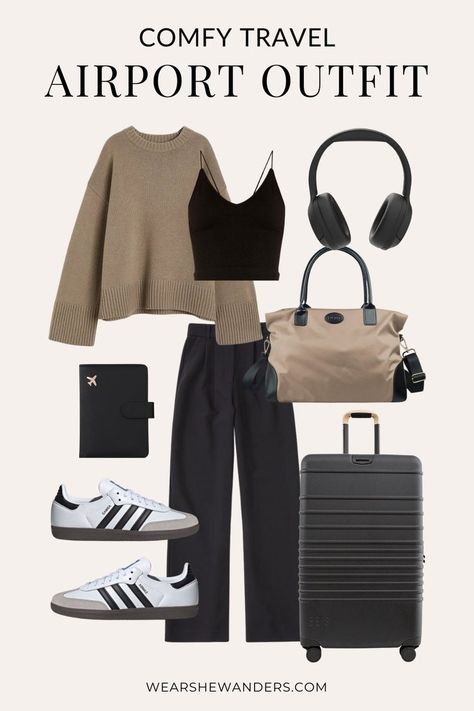 Comfy Travel Outfits to Wear to the Airport and Beyond — Wear She Wanders Athleisure Outfits Travel, Airport Outfit Inspo Comfy, Casual Airport Outfit Summer Travel Wear, Business Casual Airport Outfit, Casual Airport Looks Women, Airport Outfit 2024, Best Airport Outfits For Women, Trip Outfits For Women, Cute Comfy Airport Outfits