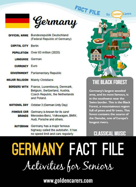 Germany Fact File: An attractive one-page fact file all about Germany. Print, distribute and discuss! Germany Facts For Kids, Germany Project, German Crafts, Fun Facts About Germany, Facts About Germany, Resident Activities, Catholic Classroom, Germany Facts, Germany For Kids