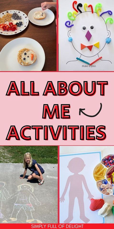 All about me theme for preschool - fun activities including crafts, printables and games Preschool Topics Lesson Plans, Mommy And Me Preschool, All About Me Creative Activities, All About Me Gross Motor Activities Preschool, Preschool Hands On Activities Learning, My Amazing Body Preschool Activities, Self Portraits Eyfs Activities, All About Me Activities For Preschoolers Lesson Plans, About Me Prek Activities