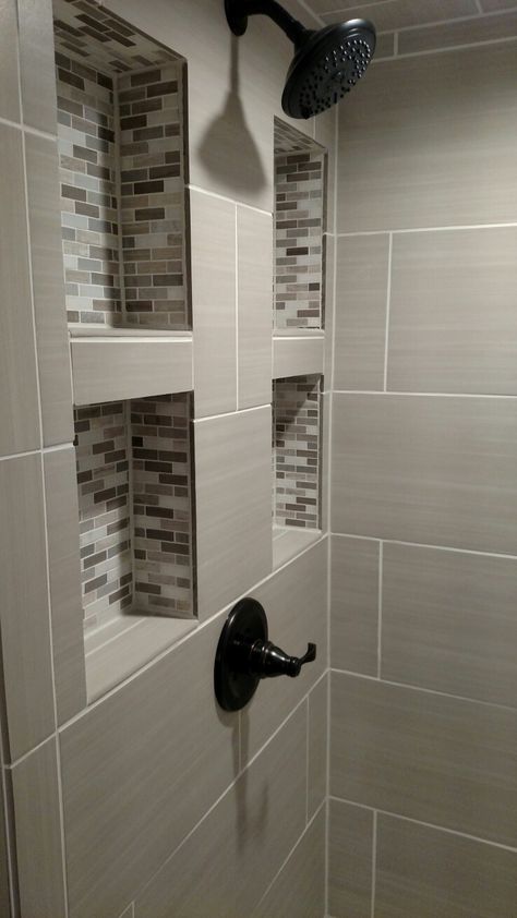 Shower Shelves Ideas Tile, Gray Bathroom Flooring Ideas, Small Walk In Shower With Seat, Black Mosaic Tile Bathroom Floor, Bathroom Inspiration Modern Master Bath, Small Tiled Showers, Modern Luxury Bathroom Design Master Bath Tile, Bathroom Shower Tile Ideas Modern, Corner Walk In Shower No Door