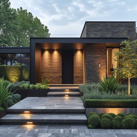 Boost Your Home's Facade with Modern Front Garden Brick Wall Designs • 333+ Images • [ArtFacade] Modern Home Entrance Exterior, Landscape Front Entrance, Front House Inspiration, Modern Front Landscaping Ideas, Modernize Front Of House, Modern Brick Bungalow Exterior, Landscape Home Garden, Modern Front House Landscaping, Modern Brick Homes Exterior