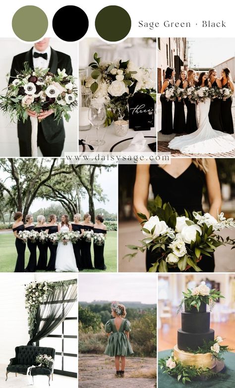 Sage Green And Black Wedding Party, Eucalyptus And Black Wedding, Black And Green Wedding Party, Dark Color Wedding Themes, 2025 Wedding Colors, Black White Gold Wedding Theme, Black And Green Wedding, Wedding Color Theme Ideas, July Wedding Colors