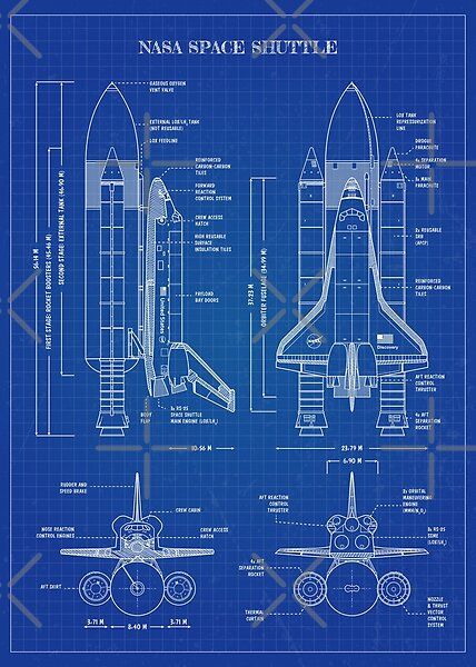 NASA Space Shuttle. Vintage blueprint (Vertical - English) Front, side, top and rear views. Spaceship Blueprint, Aerospace Design, Nasa History, Teknologi Gadget, Rocket Design, Nasa Space Shuttle, Blueprint Art, Blue Galaxy, Aerospace Engineering