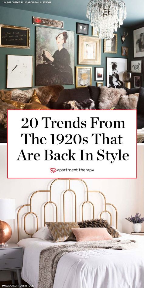 Filled with luxurious fabrics, sharp lines, mixed metallics, and rich color palettes, Art Deco style decor is both glamorous and eclectic. No surprise then that these decor trends are making a comeback. #artdeco #1920s #vintage #designtrends #decortrends #artdecodecor #1920sdecor #antiques #nostalgiadecor #decorideas 1920s Bedroom Decor Vintage, 1920 Bedroom Ideas 1920s, Roaring 20s Home Decor, Art Deco Ikea, 1920s Style Bedroom, Art Deco Cottage Interior, Rustic Art Deco Interior Design, Art Deco Guest Bedroom, Art Deco And Mid Century Modern