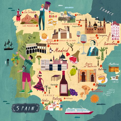 Spain Map Illustration, Spain Illustration, Cadaques Spain, Spain Aesthetics, Spain Poster, Spain Map, Maps Aesthetic, Map Of Spain, Spain Tour