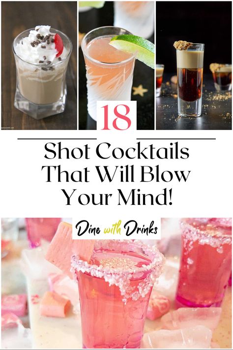 Collage of 4 shot cocktails. Drinks Alcohol Recipes Shots, Specialty Bar Drinks, Shots For Party Alcohol, Birthday Shooters Alcohol, Wedding Shots Alcohol Ideas, Drinks Alcohol Recipes Bar, Drinks To Serve At A Party, Cute Shots Alcohol, Nye Shots Cocktail Recipes