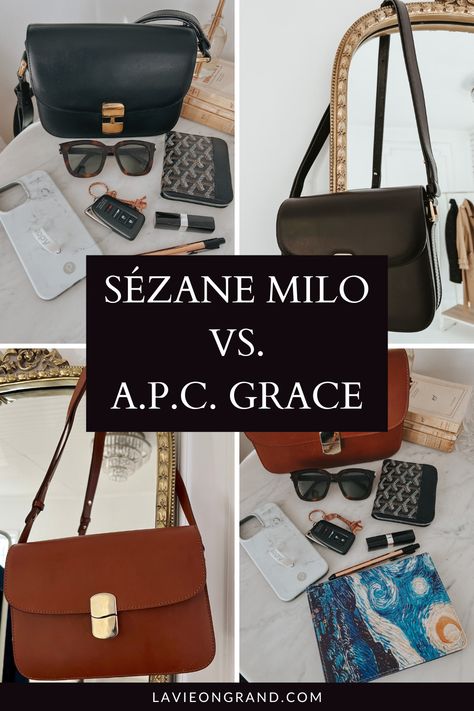 Black leather bag on a marble table and hanging on a gold mirror. Brown leather bag on a marble table and hanging on a gold mirror. Apc Grace Bag Small, A.p.c Grace Bag, Sezane Milo Classic Bag, Sezane Clark Bag, Milo Bag Sezane, Timeless Crossbody Bag, Sezane Bag Outfit, Apc Geneve Bag Outfit, A.p.c Bag Outfit