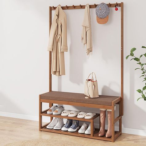 PRICES MAY VARY. 【3-in-1 Hall Tree】 H hall tree have function of storage bench, shoe rack, shoe storage, coat rack and hanger hook for entryway, living room bedroom. There are 5 wood hooks to hang your backpack,bags, jackets ... The top hanging rod can be hang your coat when you came back home. 【Large Storage Space】3 tier storage shelf of hall tree provide you enough room to place your shoes, boots, keys or other home office items... And coat rack and hanger hook hold keys or other small things. Porto, Coat Rack With Shoe Storage, Coat Closet Shoe Storage, Coat Closet Organization Entryway, Coat Rack Entryway Small Spaces, Backpack Storage Entryway, Bedroom Reset, Coat Rack Entryway, Living Room Closet