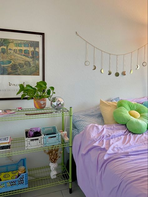 colorful room, pastel room, pastel danish, shelf, bedding Aesthetic Room Colorful, Colorful Room Ideas Aesthetic, Danish Pastel Bed, Bedroom Aesthetic Colorful, Colorful Aesthetic Room, Colorful Bedroom Aesthetic, Colorful Room Aesthetic, Colorful Bedding Ideas, Danish Room