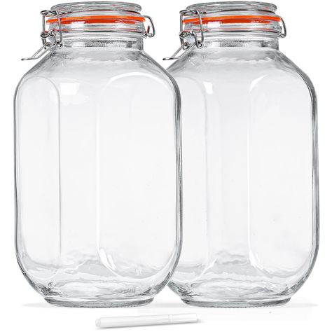 PRICES MAY VARY. Perfect Food Storage Set: These glass canning jars measures 5.8"Wx5.8" Wx11.5"H, a 3.3" mouth diameter. 1 gallon capacity, the perfect size to be used as storage jars for pantry and kitchen storage, Ideal for storing pasta, flour, sugar, cereal, coffee, beans, candy, cookies, snacks Airtight Seal Lid: Each pickle jar comes with a hinged lid and silicone gasket that creates an airtight seal, ensuring contents remain fresher for longer while in storage, preserving aroma, flavor an Pasta Flour, Sun Tea, Glass Jars With Lids, Glass Storage Jars, Pickle Jars, Glass Canisters, Glass Storage, Fermenting, Canning Jars