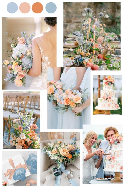 Blue Wedding Colour Theme, Blue Wedding Color Palette, Blue Orange Weddings, Peach Wedding Theme, Peach Wedding Colors, Wedding Color Schemes Summer, Pastel Wedding Theme, Wedding Theme Color Schemes, Orange Wedding Themes