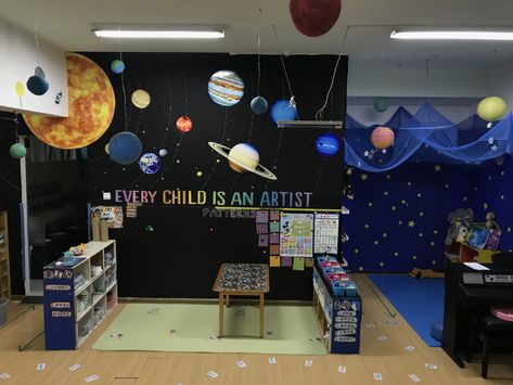 #solar system, #space theme , #classroom decoration Montessori, Space Theme Classroom, Space Theme Preschool, Decoration Creche, Space Preschool, Elementary Classroom Themes, Space Classroom, Science Classroom Decorations, Classroom Centers