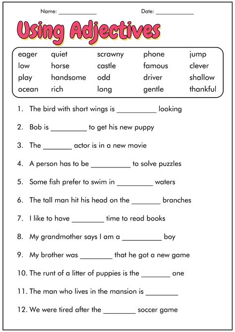 4th Grade Language Arts Worksheets Printable 3rd Grade Adjective Worksheet, Fourth Grade Reading Worksheets, Using Adjectives Worksheet, Third Grade English Activities, Fourth Grade English Worksheets, 3rd Grade Language Arts Worksheets Free Printable, Year 4 Worksheets Free Printable, Grade 3 Language Worksheets, 3rd Grade Reading Worksheets Free Printable