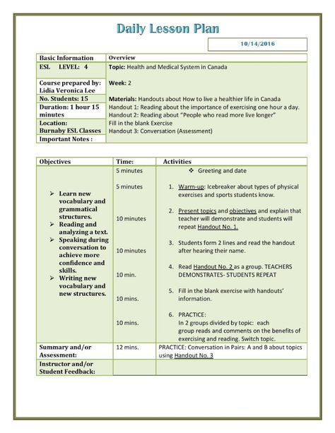 Burnaby TESOL 2016: Lesson plan template Tesol Lesson Plans, Teacher Lesson Plans Template, Editable Lesson Plan Template, Cleaning Schedule Templates, Lesson Plan Examples, Chin Exercises, English Lesson Plans, Daily Lesson Plan, Lesson Plan Template