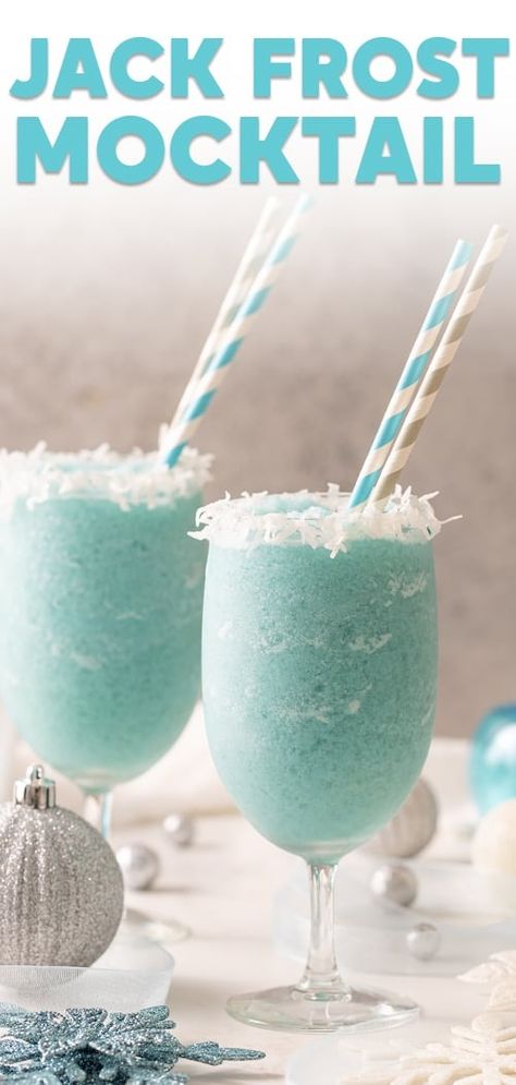 This easy and delicious non-alcoholic Jack Frost Mocktail lets everyone enjoy a Jack Frost winter drink prepared with simple ingredients! Magic Snow Recipe, Jack Frost Winter Mocktail, Winter Onederland Drink Ideas, Teal Mocktails, Jack Frost Mocktail Recipe, Winter Party Drinks Nonalcoholic, Non Alcoholic Drinks New Years Eve, Winter Wonderland Mock Tails, White Christmas Mocktails Non Alcoholic