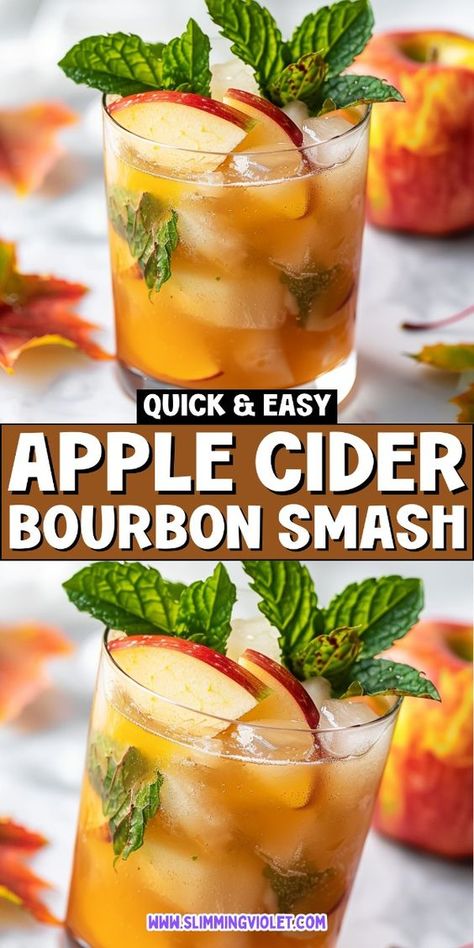 Apple Cider Bourbon Smash is a bold and refreshing autumn alcoholic drink. Ideal for a Thanksgiving party, this cocktail blends the rich flavors of bourbon with the crisp taste of apple cider. Save this pin for a smashing good time! Apple Crisp Alcoholic Drink, Alcoholic Beverages For Fall, Apple Cider And Bourbon Punch, Apple Cider Cinnamon Drink, Apple Cider Smash, Apple Cider Bourbon Smash, Apple Cider Fall Alcohol Drinks, Bourbon Fall Punch, Fall Drinks Bourbon