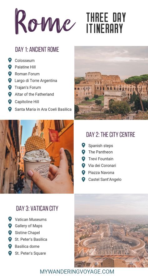 Visit Rome, Italy – the eternal city – and visit some of the most beautiful and historical sites in just three days. Here are the things to do in Rome in 3 days. | My Wandering Voyage travel blog #rome #italy #travel 3 Days In Rome, Italy Trip Planning, Visit Rome, Things To Do In Rome, Rome Itinerary, Outfit Travel, Italy Travel Tips, Italy Travel Guide, Voyage Europe