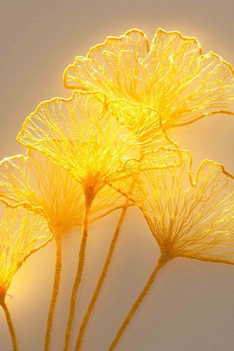 Australian artist Meredith Woolnough pays tribute to nature’s beauty and fragility by creating delicate and fine embroideries. Meredith Woolnough, Yellow Board, Yellow Aesthetic Pastel, Ginkgo Leaf, Yellow Wallpaper, Yellow Aesthetic, Aesthetic Colors, Australian Artists, Happy Colors