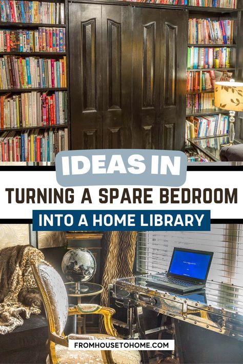 Transforming a spare bedroom into a functional and cozy home office library. Small Home Office Library, Floor To Ceiling Bookshelves, A Reading Nook, Paneled Library, Faux Tin Ceiling Tiles, Cozy Library, Home Office Library, Sewing Room Storage, Picture Molding