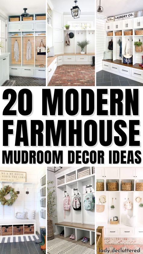 20 Modern Farmhouse Mudroom Decor Ideas Mudroom Styling Ideas, Farmhouse Mudroom Cubbies, White Farmhouse Mudroom, Accent Wall In Mudroom, Muddy Room Ideas, Small Mud Room Ideas Entryway Farmhouse, Drop Zone Color Ideas, Mudwall Ideas, Entry Way Ideas Modern Farmhouse