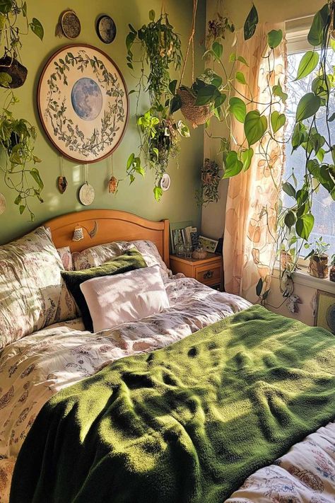 green witch bedroom aesthetic (2) Bedroom Aesthetic Witch, Mystic Room Ideas, Hedge Witch Home Decor, Forest Cottagecore Aesthetic, House Decor Witchy, Pagan Home Decor Interior Design, Witch Inspired Bedroom, Witchy Boho Bedroom Aesthetic, Green Witch Bedroom Ideas