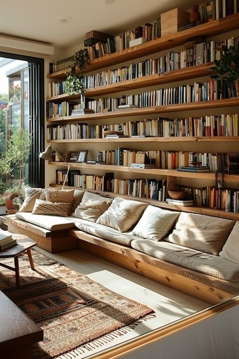 Sunroom Bookshelf Ideas, Bookshelf Walls Living Room, Study In Living Room Ideas, Interior Spaces Architecture, Wooden Home Library, Living Room Designs Library, Living Room Wall Of Shelves, Book Wall Living Room, Library Media Room