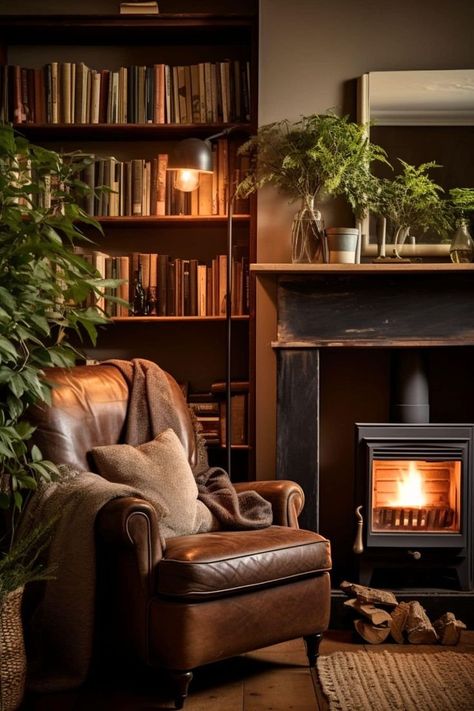 Fireplace Sitting Area Cozy, Reading Nook Fireplace Cozy Corner, Small Window Reading Nook, Small Whiskey Room, Reading Nook With Fireplace, Small Reading Nook Ideas, Bedroom Reading Nook Cozy Corner, Book Reading Corner, Small Reading Nook Cozy Corner