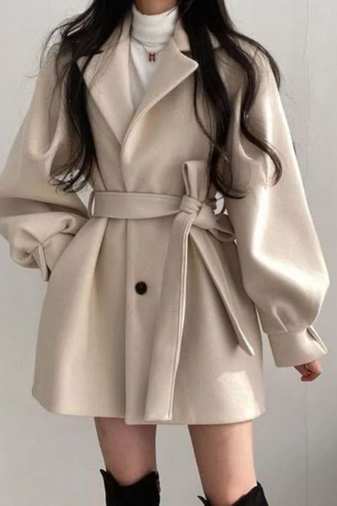 Woolen Coat Woman, Beige Coat, Mode Casual, Belted Coat, Wool Blend Coat, Woolen Coat, Trench Coats Women, Solid Clothes, 가을 패션