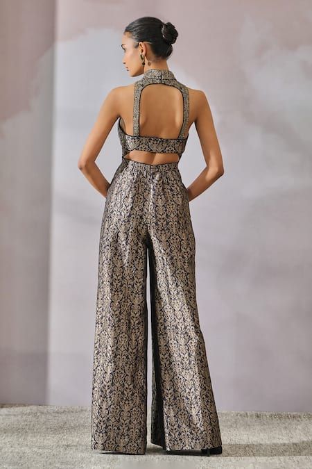 Buy Black Brocade Embellished Floral Mandarin Jumpsuit For Women by Tarun Tahiliani Online at Aza Fashions. Brocade Jumpsuit Indian, Banarasi Jumpsuit, Traditional Jumpsuit Indian, Banarasi Outfits, Brocade Jumpsuit, Indian Jumpsuit, Indian Outfits Modern, Dressy Pant Suits, Dressy Pant