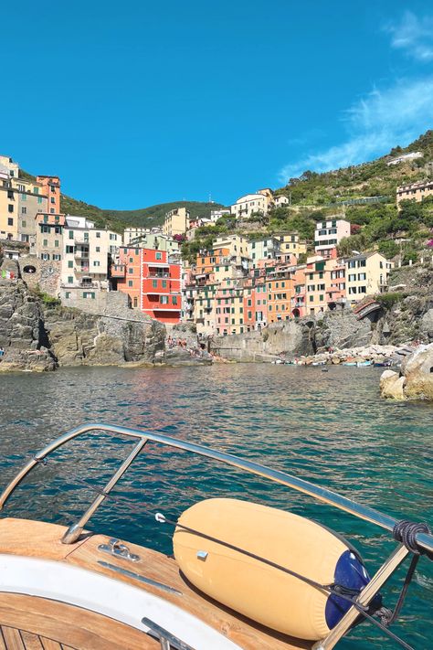 view from boat of the colorful buildings of Riomaggiore, Italy Mediterranean Summer, Private Boat, Italy Honeymoon, Cinque Terre Italy, Smiling Faces, Italy Summer, Senior Trip, The Setting Sun, Summer 3