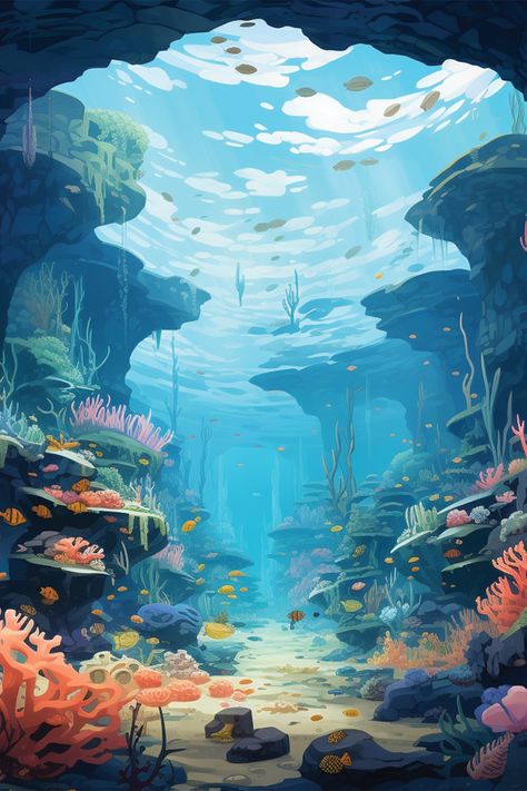 Underwater scene, crystal clear water, beautiful, coral reef, salt water fish, caustics, cliffs, cave, orange, pink, yellow, green, Summer aesthetic, beach vibes, pool vibes Coral, Marine Life, Sea Illustration, Underwater Scene, Aesthetic Print, Beautiful Summer, Summer Aesthetic, Under The Sea, The Sea