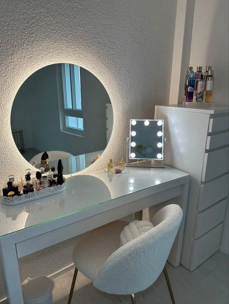 Circle Mirror Vanity, Circle Vanity, Bilik Perempuan, Closet Transformation, White Room Decor, Luxury Room Bedroom, Makeover Bedroom, Ikea Shelves, Vanity Ideas