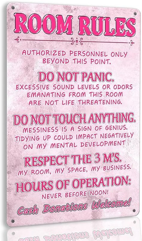 Amazon.com: Pink Teen Girl Bedroom Decor - Cute Metal Tin Sign With Room Rules, Aesthetic and Preppy Decorations for Bedroom, 12 X 8 Inch : Home & Kitchen Pink Teen Girl Bedroom, Room Rules, Teen Room Designs, Preppy Bedroom Decor, Room Decor For Teens, Decorations For Bedroom, Preppy Bedroom, Diy Room Decor For Teens, Pink Room Decor