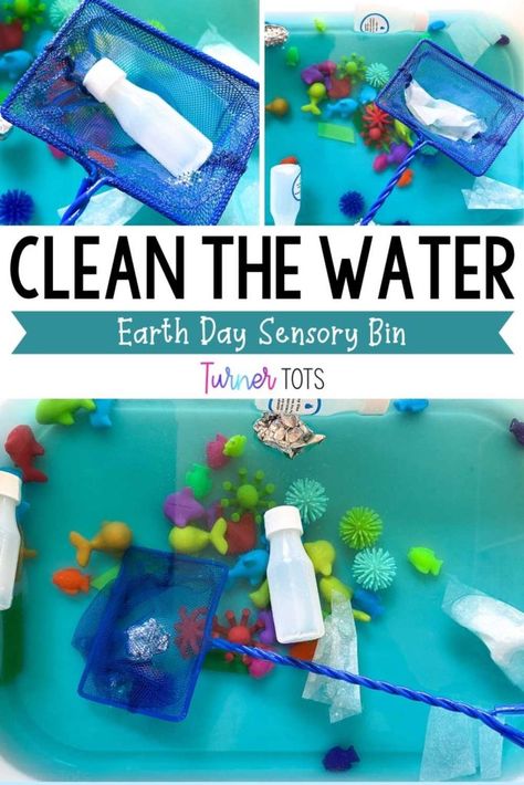 Infant Earth Day Activities, Recycle Lesson Plans Preschool, Pollution Sensory Bin, Earth Day Sensory Bin, Nature Sensory Bin, Earth Day Sensory, Water Sensory Bin, Earth Day Preschool Activities, Earth Day Science