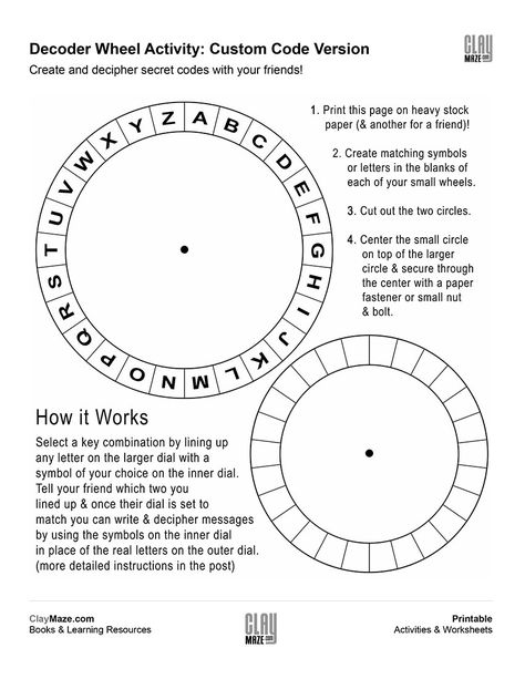 This template is the customizable version of our Random Alphabet Decoder Wheel.  There are three decoder wheels in all allowing for the coding and decoding of secret messages using random alphabet letters, symbols or your… Fathers Day Crafts, Cipher Wheel, Escape Room Diy, Escape Room For Kids, Escape Room Puzzles, Spy Party, Letter Worksheets, Secret Code, Escape Game