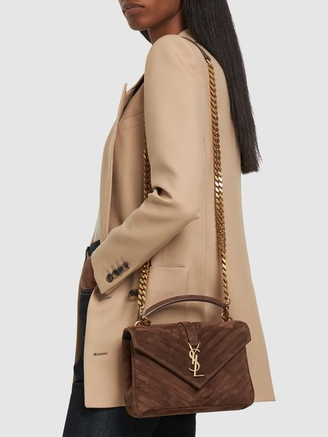 Find SAINT LAURENT Medium College Suede Shoulder Bag on Editorialist. Height: 17cm Width: 24cm Depth: 6.5cm. Strap drop: 55cm. Handle drop: 5cm. Detachable metal chain strap. Single leather top handle. Front flap with magnetic snap button closure. Front metal logo. Gold-colored metal hardware. One internal zip pocket Ysl Brown Bag, Ysl College Bag, Saint Laurent College Bag, Ysl College, Medium Sized Bags, College Bags, Brown Coffee, Brown Shoulder Bag, Luxury Bag