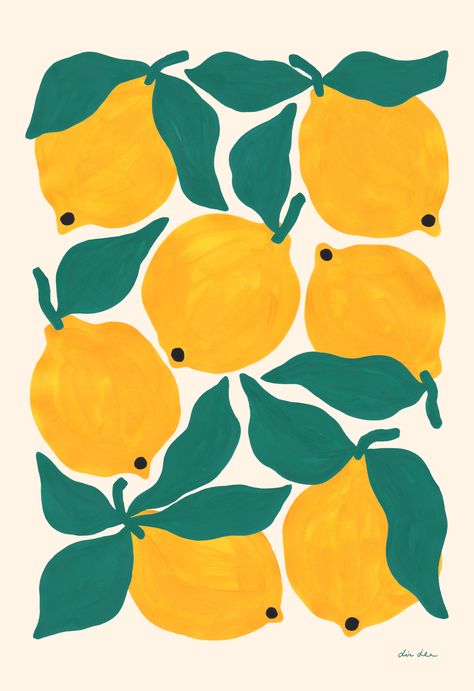 My Lemons print with bright yellow lemons and green leaves, produced as an archival quality, giclée print through @evermade Poster Ideas Painting, Surreal Art Green, Yellow Bright Aesthetic, Lemon Poster Aesthetic, Mustard Green Color Palette, Cute Art For Room, Bright Illustration Art, Simple Lemon Painting, Poster Print Aesthetic