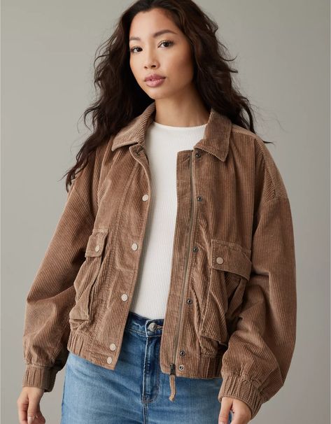 AE Corduroy Bomber Jacket Brown Jean Jacket, American Eagle Jacket, Neutral Jacket, Suede Outfit, Trendy Jackets, Brown Corduroy, Cute Jackets, Women's Jackets, Bomber Jackets