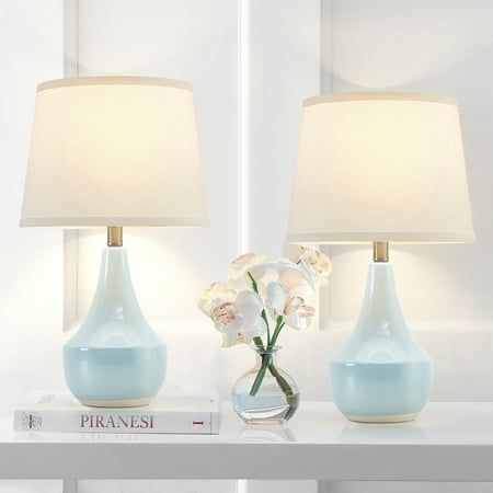 This table lamp set adds atmosphere and color to the home decoration. It goes well with any room style such as minimalist, modern, vintage style, and so on. It's great to be used as bedroom lamps, bed lamps, living room lamps, nightstand lamps, reading lamps, kid's room lamps, and etc. The modern bedside lamps are adopted with the high quality white fine fabric lampshade and stable led bulb which not only makes the glow softer to create a warmer and cozy atmosphere for you at night but also effe Lamps For Rooms, Unique Nightstand Lamps, Modern Coastal Bedside Lamps, Bedroom Hanging Lights Room Decor, Bedside Table Lighting Ideas, Light Blue Table Lamp, White Lamps Living Room, Light Blue Lamps, Baby Blue Lamp