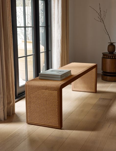 Canistel Bench by Carly Cushnie Bench Built Into Island, Leon, Books On Bench, Cane Rattan Furniture, Long Bench Under Window, Bench Under Mirror, Bench Design Interior, Mission Furniture Living Room, Entryway Chair