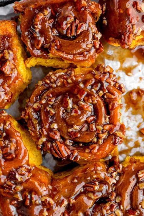 Warm up your taste buds with our decadent Spiced Pumpkin Pecan Sticky Buns. Soft, fluffy pumpkin dough is filled with a sweet, spiced brown sugar filling and topped with crunchy pecans and a rich caramel-like syrup. Perfect for a cozy breakfast or a sweet treat! Sticky Pecan Buns, Pumpkin Pecan Cinnamon Rolls, Pumpkin Cinnamon Buns, Pecan Sticky Buns Recipes, Amish Sticky Buns Recipe, Best Sticky Buns Recipe, Pumpkin Cinnamon Rolls Homemade, Halloween Cinnamon Rolls, Overnight Sticky Buns