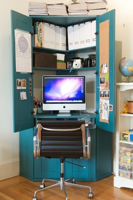 Working at a traditional desk won't necessarily make you more productive, so feel free to switch it up. Gothic Bedrooms, Corner Armoire, Computer Armoire, Desk Diy, Modern Gothic, Small Space Office, Corner Office, Closet Office, Corner Storage