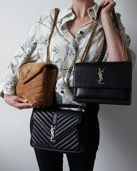 Women holding 3 YSL designer bags for comparison Ysl Sunset Bag Outfit, Saint Laurent Bag Outfit, Ysl College Bag, Ysl Bag Outfit, Saint Laurent College Bag, Ysl Loulou Bag, Ysl Sunset Bag, Saint Laurent Outfit, Ysl Fashion